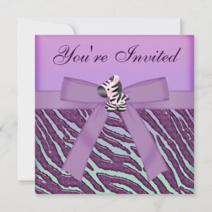 Invitation Cute Zebra & Purple Faux Jewel Hearts Poster de an