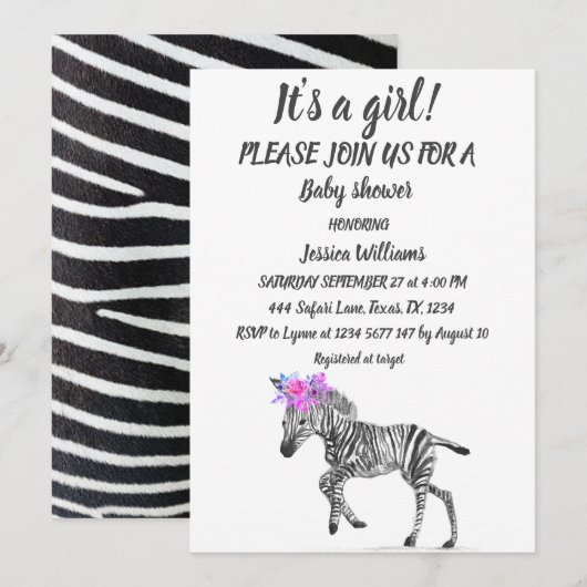 Invitation Cute Zebra Safari Jungle animal motif bébé fille (Devant / Derrière)