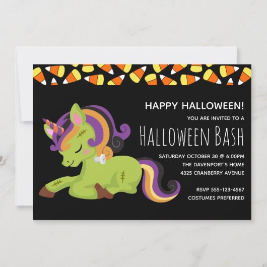 Invitation Cute Zombie Unicorn Halloween Party (Devant)