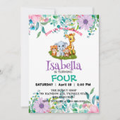 Invitation Cute Zoo jungle Animaux Fête d'anniversaire Fleurs (Devant)