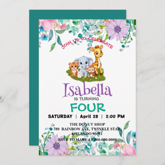 Invitation Cute Zoo jungle Animaux Fête d'anniversaire Fleurs (Devant / Derrière)
