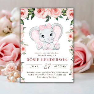 Invitation Cutie Elephant Blush Rose Floral Girl Baby shower