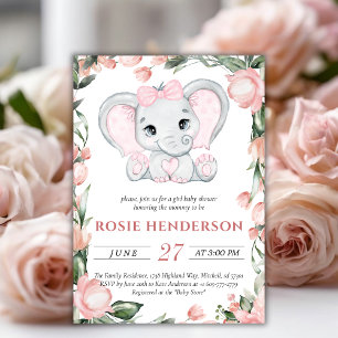 Invitation Cutie Elephant Blush Rose Floral Girl Baby shower