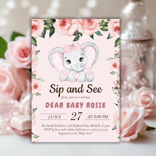 Invitation Cutie Elephant Blush Rose Floral Sip Voir