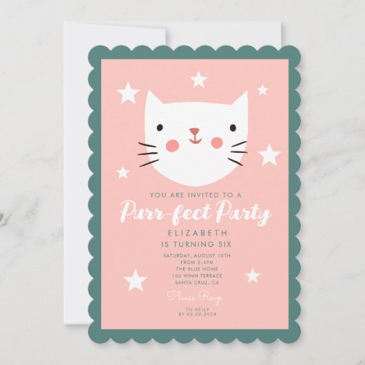 Invitation Cutie Kitty Rose Vert Violet Étoiles Anniversaire (Devant)