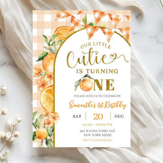 Invitation Cutie Orange Gingham 1st birthday