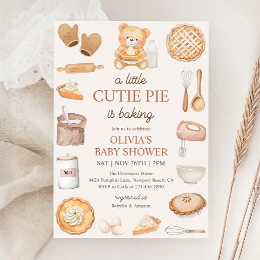Invitation Cutie Pie Baking Teddy Bear Baby shower d'automne
