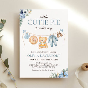 Invitation Cutie Pie Blue Fall Teddy Bear Baby shower garçon