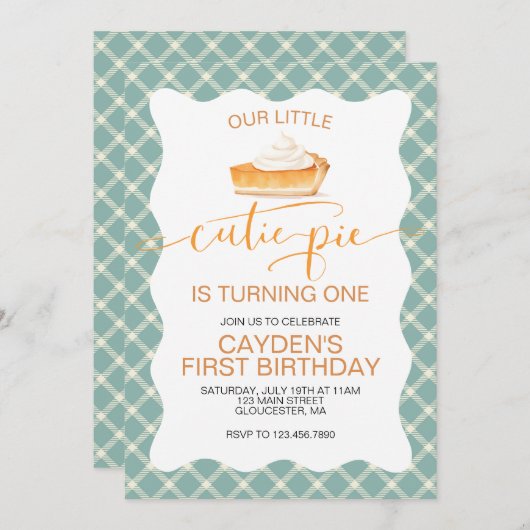Invitation Cutie Pie citrouille pie Chute plaid Premier anniv (Devant / Derrière)