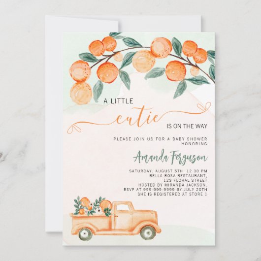 Invitation Cutie sur le chemin oranges baby shower aquarellé (Devant)