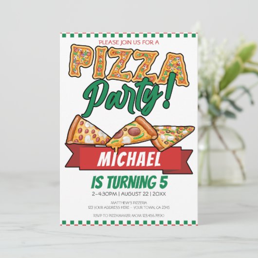 Invitation Cuties Pizza Party Red Green Caro 5e anniversaire (Debout devant)