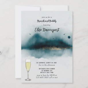 Invitation Cyan Beach And Gold Flecks Brunch et Bubbly