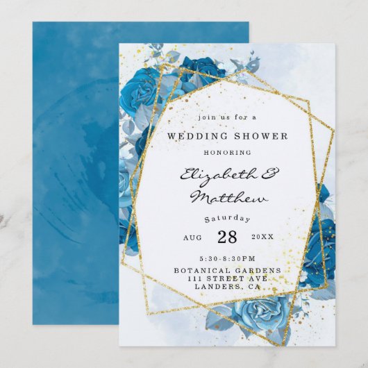 Invitation Cyan Blue Florals Gold Wedding shower géométrique (Devant / Derrière)