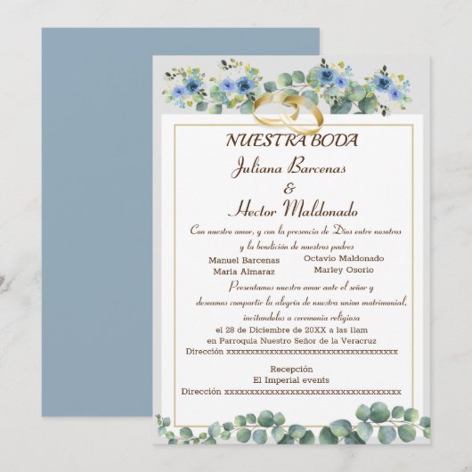 INVITATION CYAN FLORAL BLUE NUESTRA BODA (Devant / Derrière)