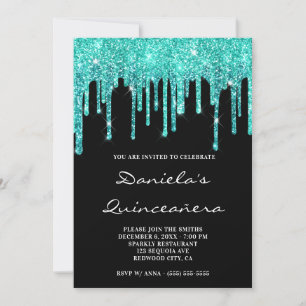 Invitation Cyan Turquoise Paillettes Gouttes Noire Quinceañer