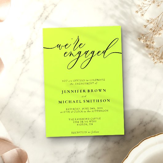 Invitation Cyber Lime & Jet Black Minimal Nous sommes fiancés