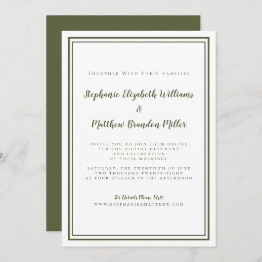 Invitation CyberMariage virtuel en ligne Olive Green Simple (Devant / Derrière)