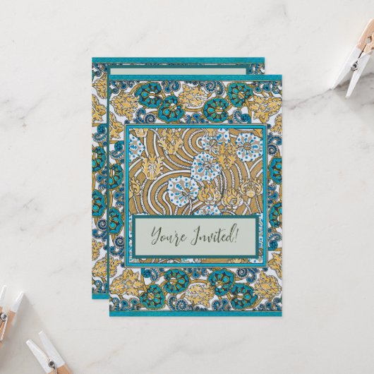 Invitation cyclamen bleu art nouveau fleur botanique (Devant/Arrière en situation)