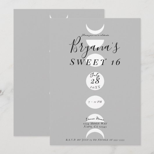 Invitation Cycles de Phases de Lune Gris & Blanc Douce 16 (Devant / Derrière)
