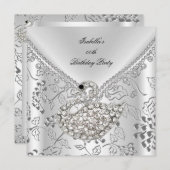 Invitation Cygne Argent Damask Blanc Élégant Anniversaire (Devant / Derrière)