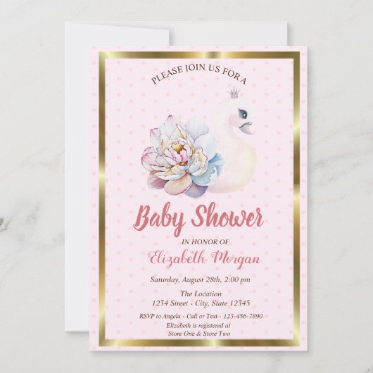 Invitation Cygne bébé, Pois, Baby shower floral (Devant)