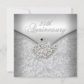 Invitation Cygne blanc élégant damassé argent 25e anniversair (Devant)