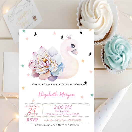 Invitation Cygne, Fleur, Étoiles, Baby shower Princesse
