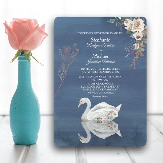 Invitation Cygne floral blanc sur Mariage bleu