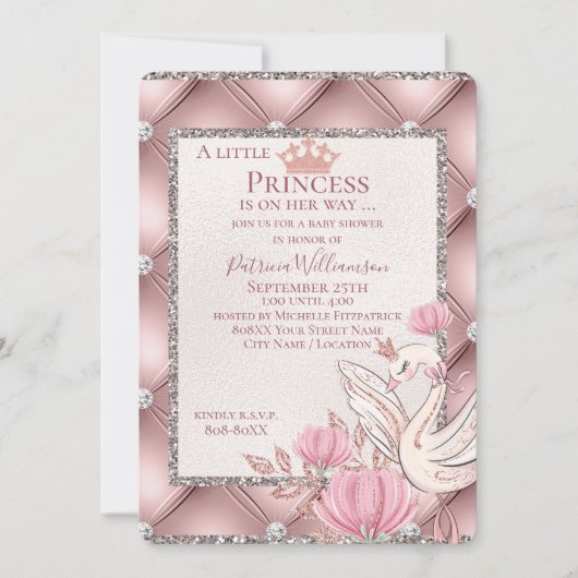 Invitation Cygne princesse sur rose glamour avec diamants (Devant)