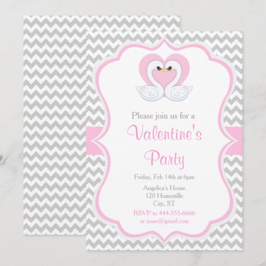 Invitation Cygnes de la Saint-Valentin rose et gris (Devant / Derrière)