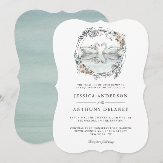 Invitation Cygnes mariages Elégante aquarelle Florale (Devant / Derrière)