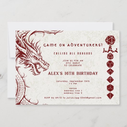 Invitation D20 Dice Celtic Dragon MDN RPG DM Gamer Anniversai (Devant)