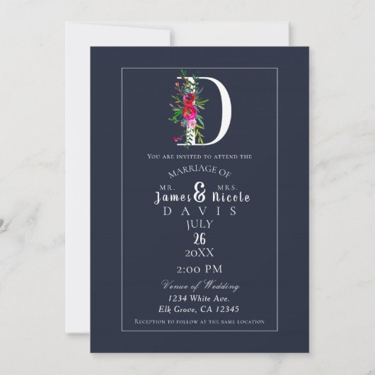 Invitation D Monogramme Dernière Initiale Moderne Bleu Floral (Devant)