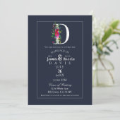 Invitation D Monogramme Dernière Initiale Moderne Bleu Floral (Debout devant)