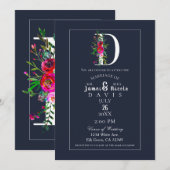 Invitation D Monogramme Dernière Initiale Moderne Bleu Floral (Devant / Derrière)