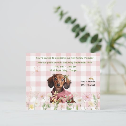 Invitation Dachshund Carreaux Roses (Debout devant)