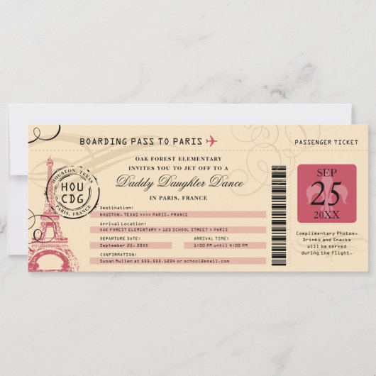 Invitation Daddy Daughter Dance Paris France Boarding Pass (Devant)