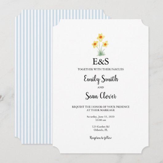 Invitation Daffodil Flower Wedding Monogram Blue Stripe (Devant / Derrière)