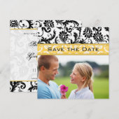 Invitation Daffodil Jaune et Noir Damas Enregistrer la date (Devant / Derrière)