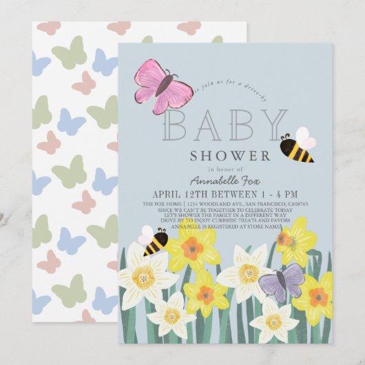 Invitation Daffodil Papillon Bee Floral Baby shower Drive-by (Devant / Derrière)