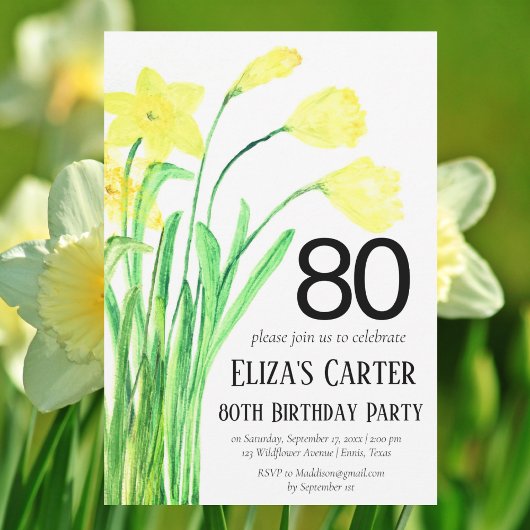 Invitation Daffodile Boho rustique 80ème Anniversaire Floral
