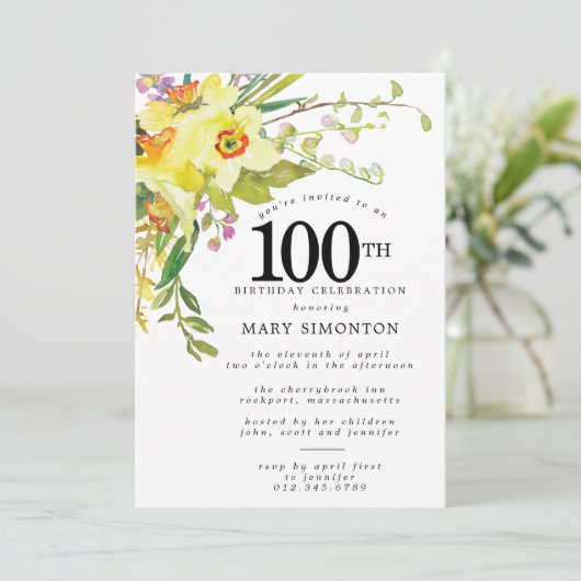 Invitation Daffodile jaune Boho rustique 100e anniversaire (Debout devant)