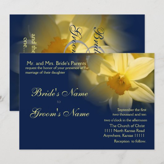 Invitation Daffodiles Floral Mariage Navy (Devant / Derrière)