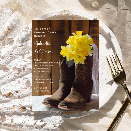 Invitation Daffodils Boots Cowboy Dîner de répétition Mariage