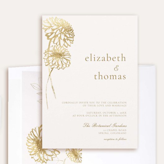 Invitation Dahlia Art Sketch Faux Gold Modern Mariage de auto