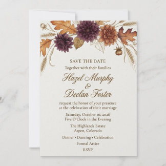 Invitation Dahlia d'automne, feuille de chêne et aquarelle de