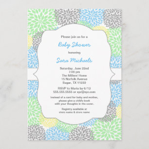 Invitation Dahlia fleurit neutre baby shower bleu menthe gris
