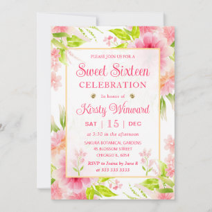 Invitation Dahlia Pivoine Fleurs Rose Aquarelle Sweet Sixteen