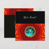 Invitation Dahlia rouge, aigue-marine, bleu vif noir jaune (Devant / Derrière)