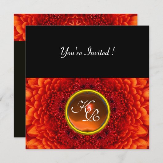 Invitation DAHLIA ROUGE, monogramme AGATE, noir jaune vif (Devant / Derrière)